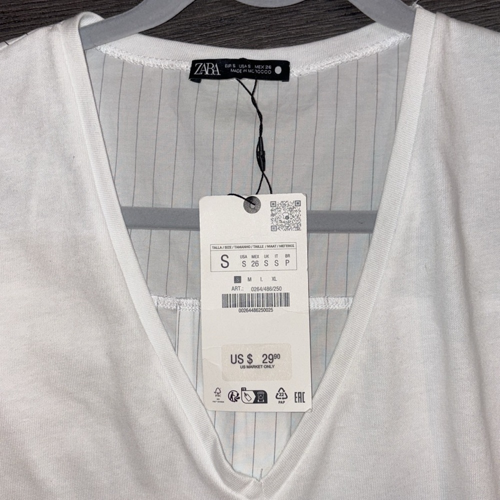 Zara NEW Cotton Poplin Stripe Side Button Vneck Tee Size Small Black/White - Picture 9 of 12